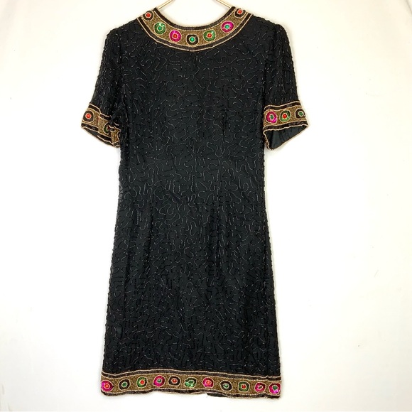 Laurence Kazar Dresses & Skirts - Vtg 90s Laurence Kazar Sz Medium 100% Silk Beaded Sequin Evening Shift Dress
